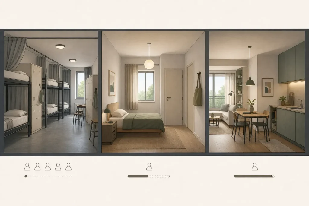 Illustrazione comparativa di dormitorio, camera doppia e piccolo appartamento
