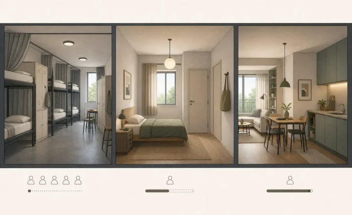 Illustrazione comparativa di dormitorio, camera doppia e piccolo appartamento