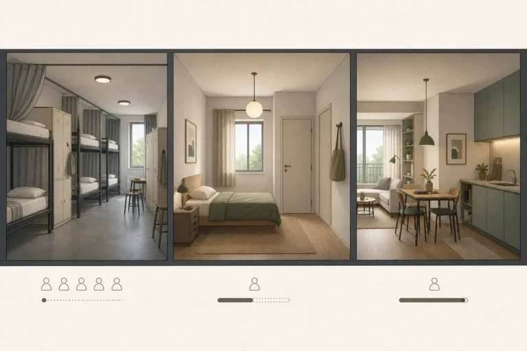 Illustrazione comparativa di dormitorio, camera doppia e piccolo appartamento